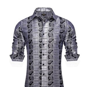 DiBanGu Dress Shirt Taupe GrayBlack Plaid Paisley Button Down Long Sleeve Men3XL